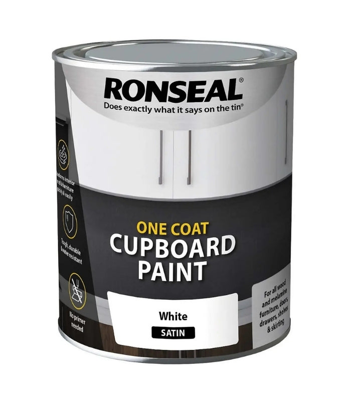 Ronseal One Coat Cupboard Melamine and MDF Paint - 750ml - White Satin