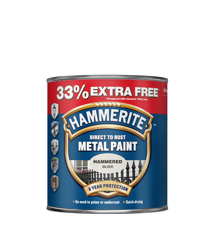 Hammerite - Hammered Direct to Rust Metal Paint - 750ML + 33% Extra Free - Silver