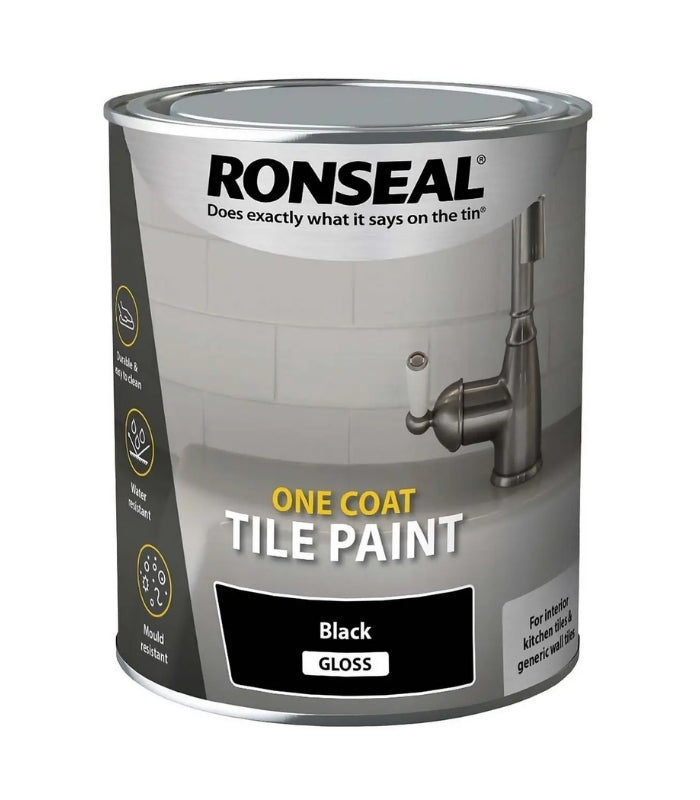 Ronseal One Coat Water Based Tile Paint - 750ml - Gloss - Black
