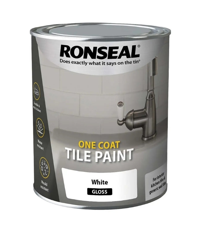 Ronseal One Coat Water Based Tile Paint - 750ml - Gloss - White