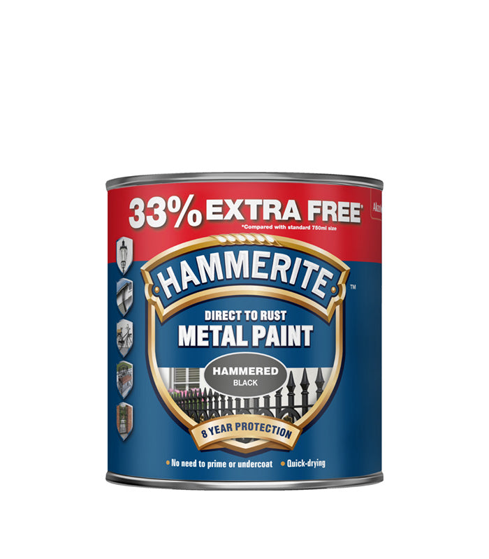 Hammerite - Hammered Direct To Rust Metal Paint - 750ML + 33% Extra Free - Black