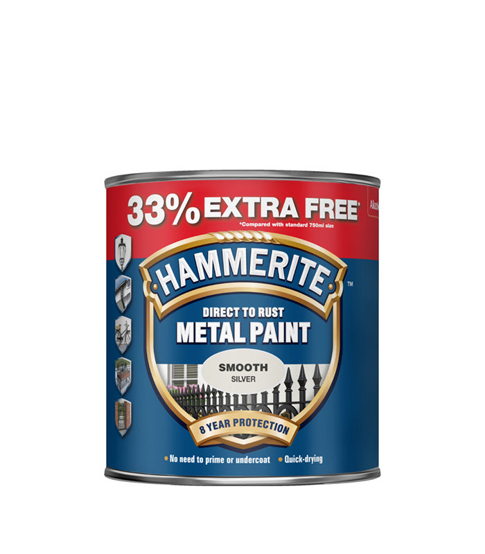 Hammerite - Smooth Direct to Rust Metal Paint - 750ML + 33% Extra Free - Silver
