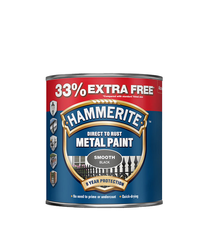 Hammerite - Smooth Direct To Rust Metal Paint - 750ML + 33% Extra Free - Black