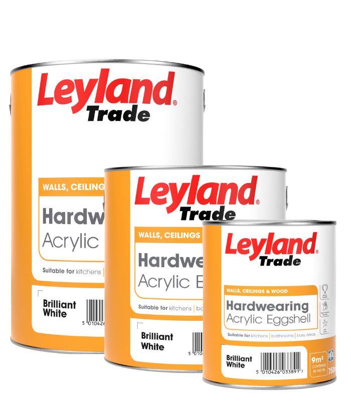 Leyland Trade Acrylic Hardwearing Eggshell Brilliant White - All Sizes