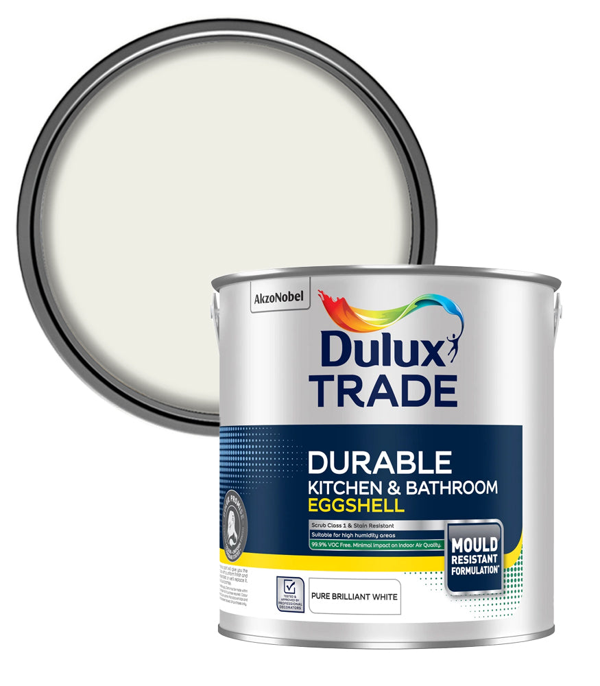 Dulux Trade Durable Kitchen & Bathroom Eggshell - Pure Brilliant White - 2.5L
