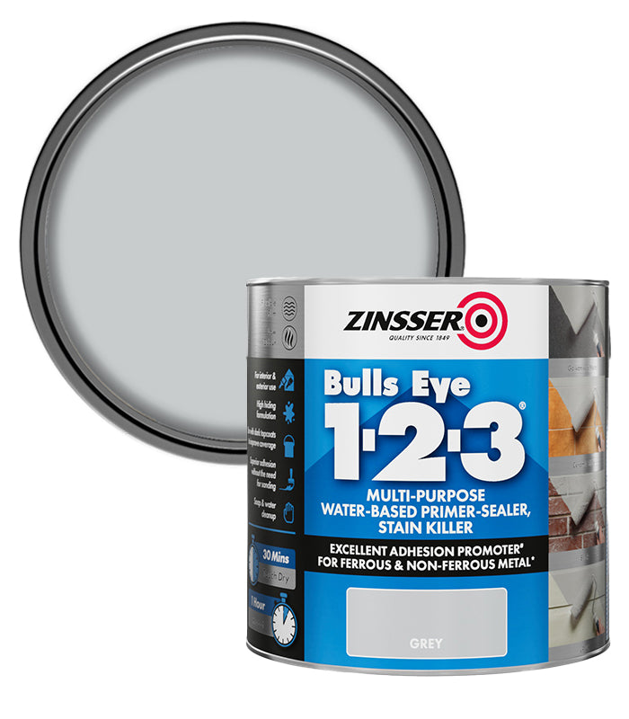 Zinsser Bulls Eye 1-2-3 - Primer-sealer - Stain Killer - 2.5 Litre - Grey