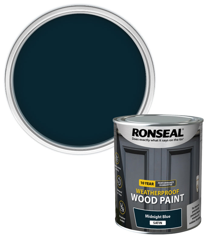 Ronseal 10 Year Weatherproof Wood Paint - Midnight Blue - Satin - 750ml