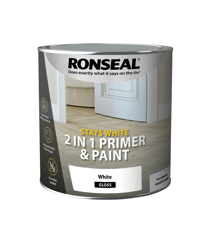 Ronseal Stays White 2 in 1 Primer and Paint - White - Gloss - 2.5 Litre