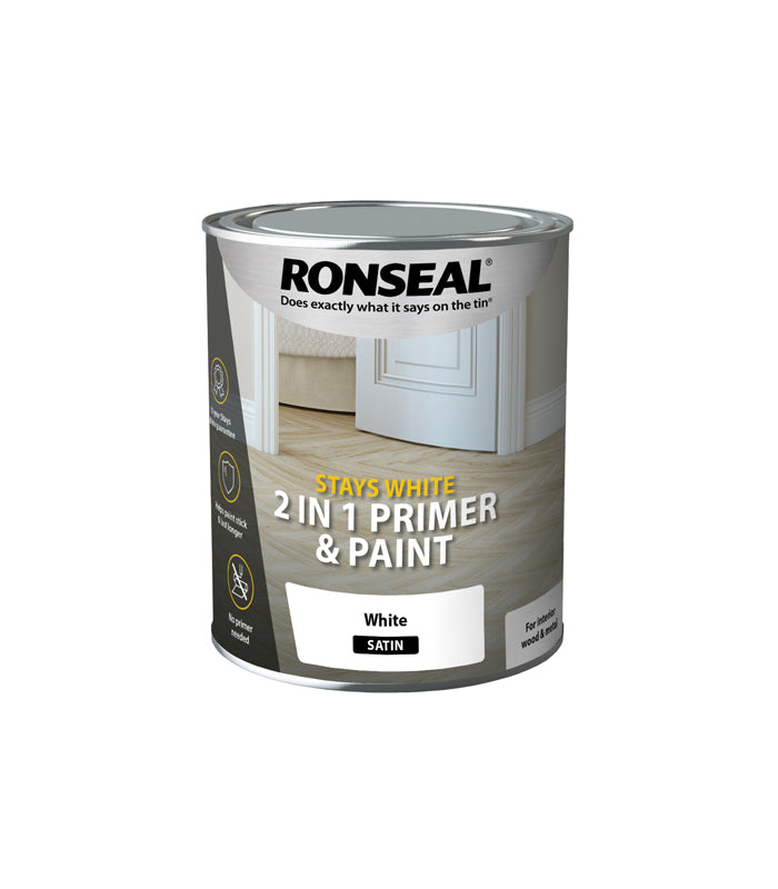 Ronseal Stays White 2 in 1 Primer and Paint - White - Satin - 750ml