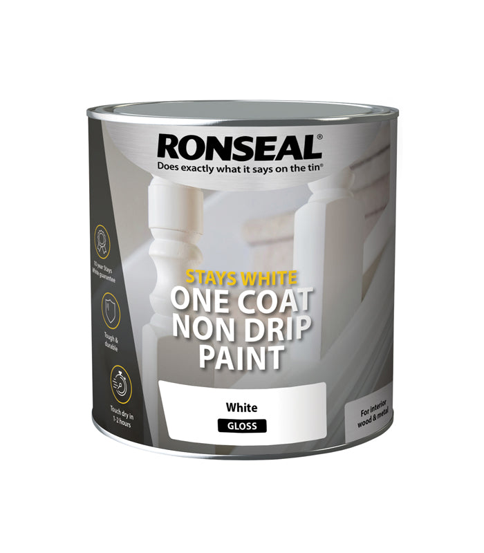 Ronseal Stays White One Coat Non Drip Paint - Brilliant White - Gloss - 2.5L