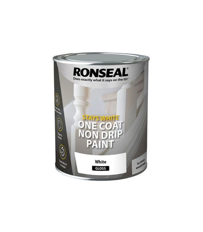 Ronseal Stays White One Coat Non Drip Paint - Brilliant White - Gloss - 750ml